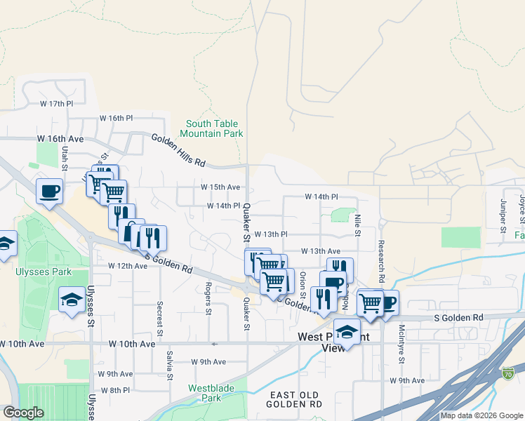 map of restaurants, bars, coffee shops, grocery stores, and more near 16255 West 14th Place in Golden