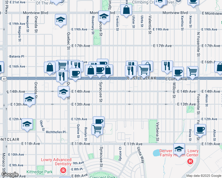 map of restaurants, bars, coffee shops, grocery stores, and more near 1410 North Spruce Street in Denver