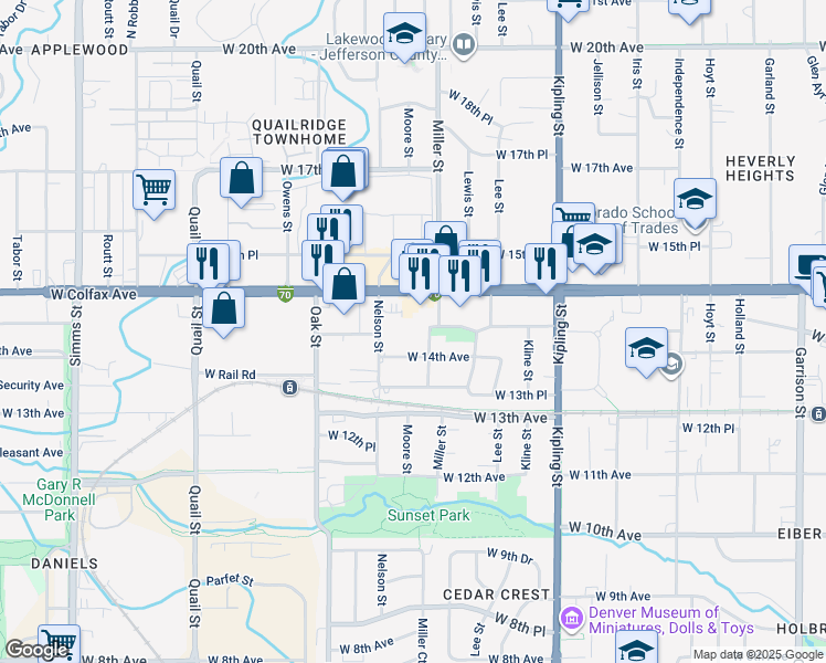 map of restaurants, bars, coffee shops, grocery stores, and more near 10500 West Colfax Avenue in Lakewood
