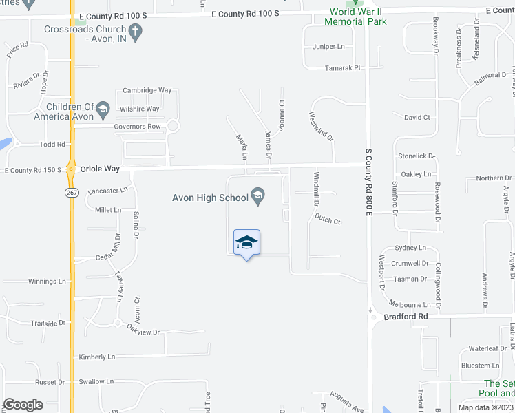 map of restaurants, bars, coffee shops, grocery stores, and more near 7575 East County Road 150 South in Avon