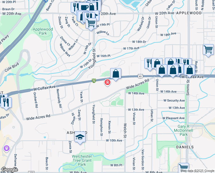 map of restaurants, bars, coffee shops, grocery stores, and more near 12600 West Colfax Avenue in Lakewood