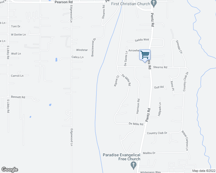 map of restaurants, bars, coffee shops, grocery stores, and more near 5461 Alpine Court in Paradise