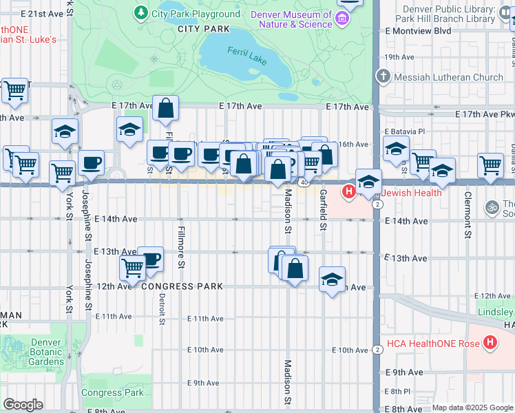 map of restaurants, bars, coffee shops, grocery stores, and more near 1461 Cook Street in Denver