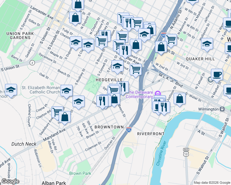 map of restaurants, bars, coffee shops, grocery stores, and more near 429 South Van Buren Street in Wilmington