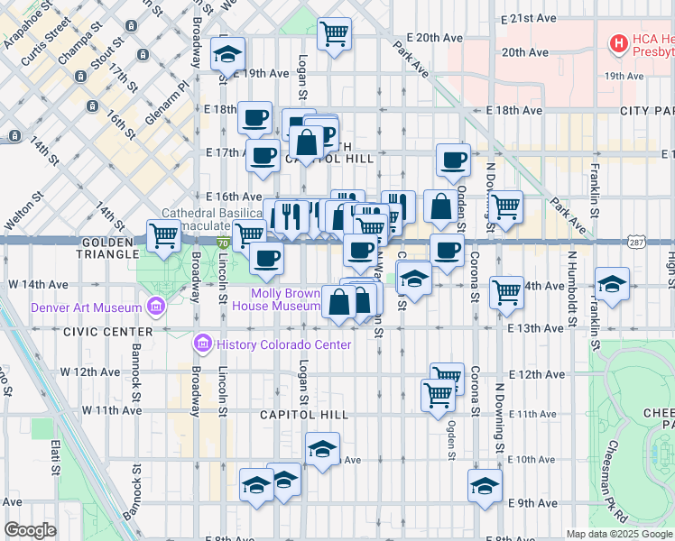 map of restaurants, bars, coffee shops, grocery stores, and more near 1424 Pennsylvania Street in Denver