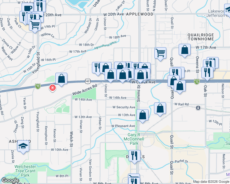 map of restaurants, bars, coffee shops, grocery stores, and more near 11915 West Independence Avenue in Golden