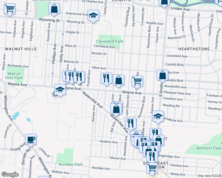 map of restaurants, bars, coffee shops, grocery stores, and more near 3317 Wayne Avenue in Dayton