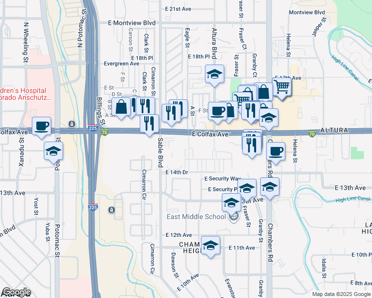 map of restaurants, bars, coffee shops, grocery stores, and more near 14682-14742 E Colfax Ave in Aurora