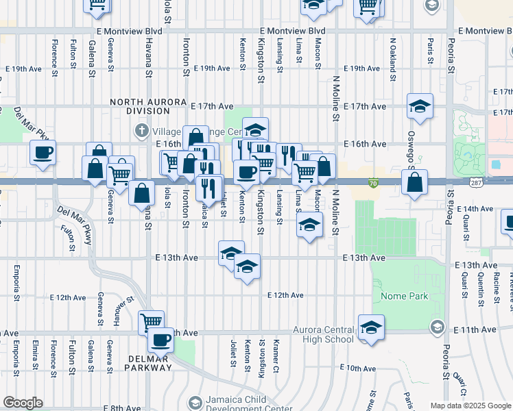 map of restaurants, bars, coffee shops, grocery stores, and more near 1485 Kingston Street in Aurora