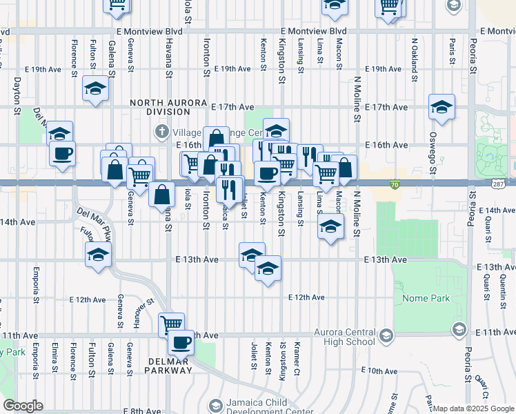 map of restaurants, bars, coffee shops, grocery stores, and more near in Aurora