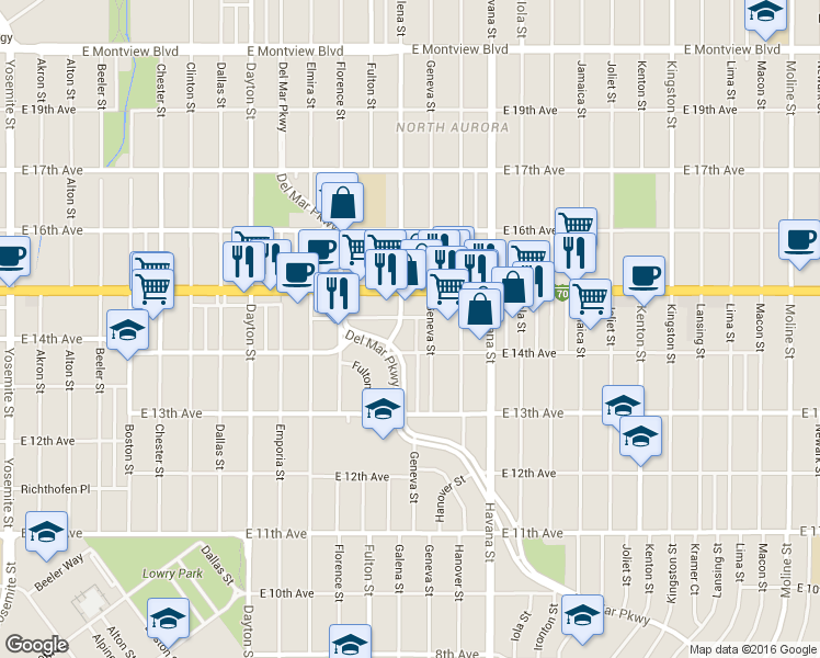 map of restaurants, bars, coffee shops, grocery stores, and more near in Aurora