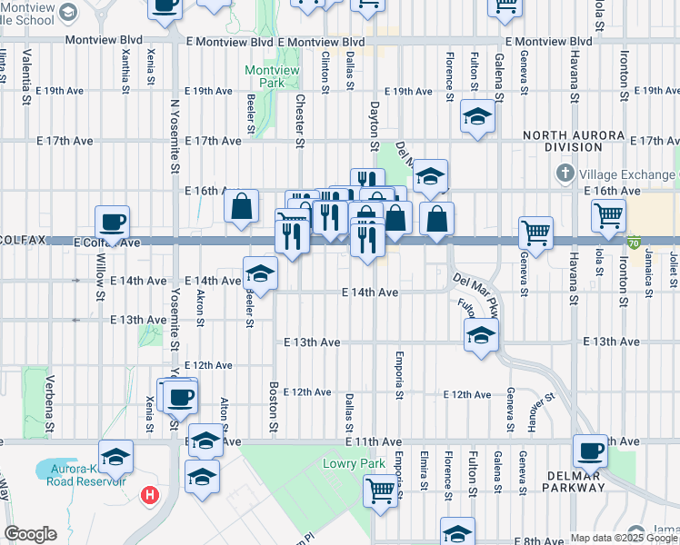 map of restaurants, bars, coffee shops, grocery stores, and more near in Aurora