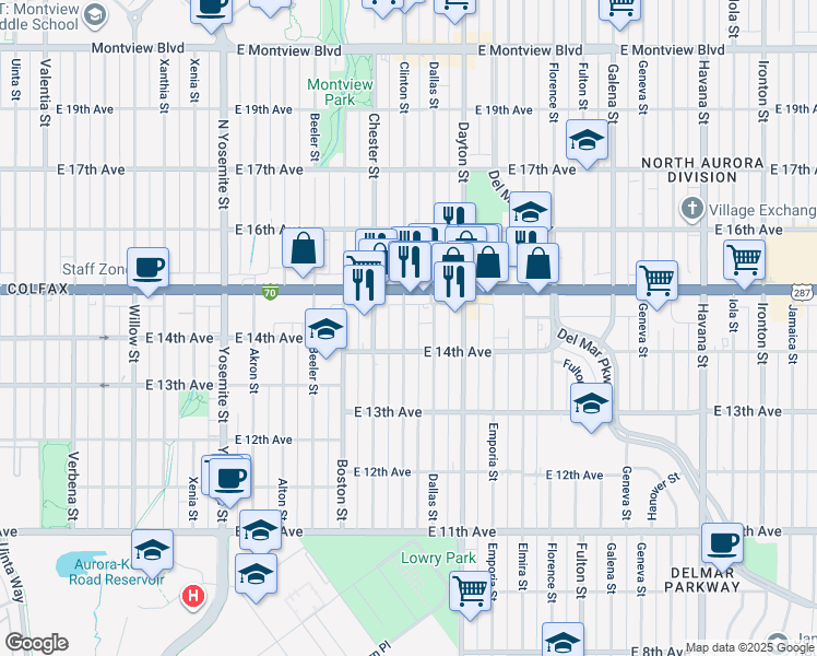 map of restaurants, bars, coffee shops, grocery stores, and more near in Aurora