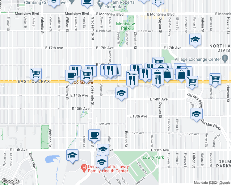 map of restaurants, bars, coffee shops, grocery stores, and more near 9100 East Colfax Avenue in Aurora