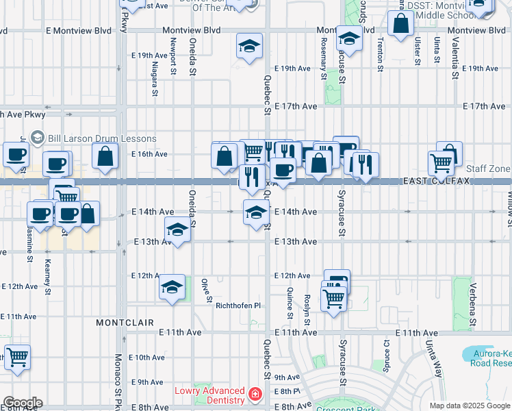 map of restaurants, bars, coffee shops, grocery stores, and more near in Denver