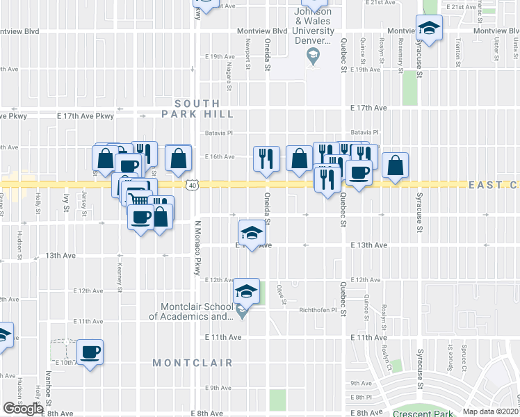 map of restaurants, bars, coffee shops, grocery stores, and more near in Denver
