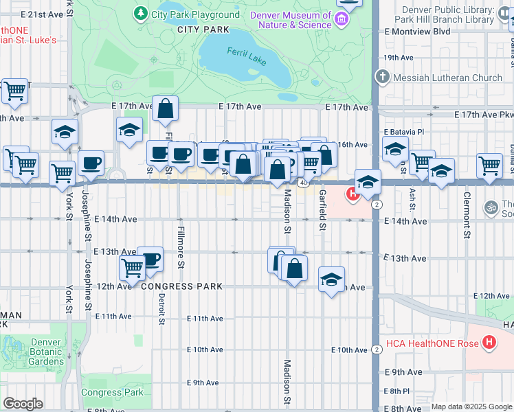 map of restaurants, bars, coffee shops, grocery stores, and more near 1461 Cook Street in Denver