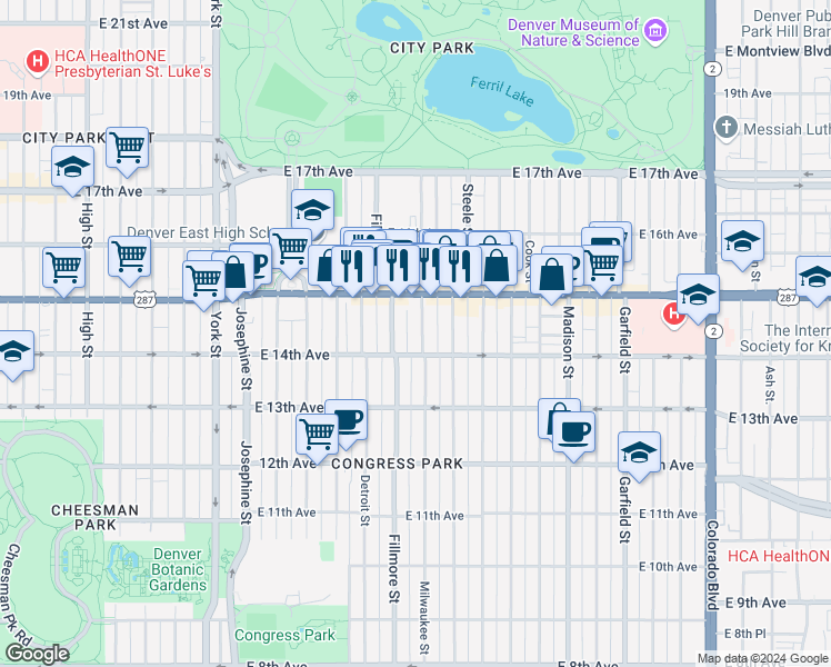 map of restaurants, bars, coffee shops, grocery stores, and more near 1461 Milwaukee Street in Denver