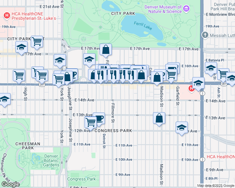 map of restaurants, bars, coffee shops, grocery stores, and more near 1461 Milwaukee Street in Denver