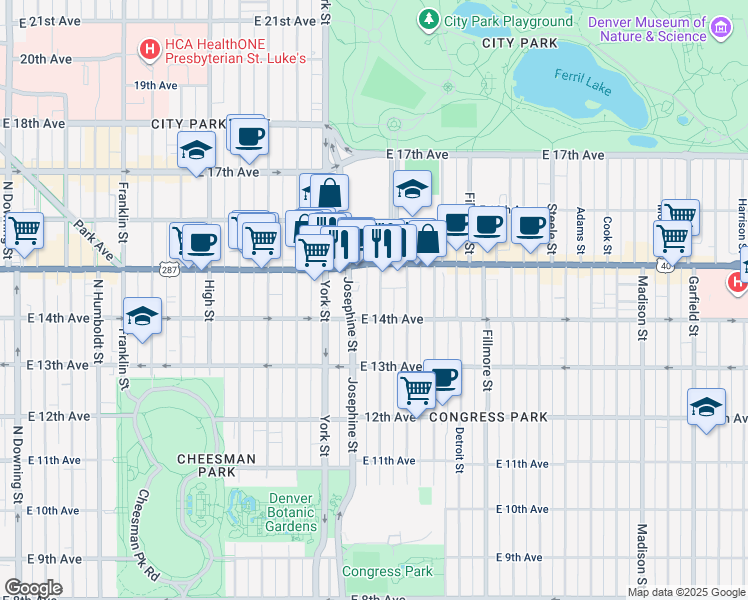 map of restaurants, bars, coffee shops, grocery stores, and more near 2424 East Colfax Avenue in Denver
