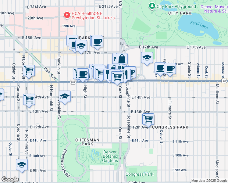 map of restaurants, bars, coffee shops, grocery stores, and more near 1458 North Gaylord Street in Denver