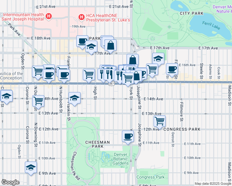 map of restaurants, bars, coffee shops, grocery stores, and more near 1455 Vine Street in Denver