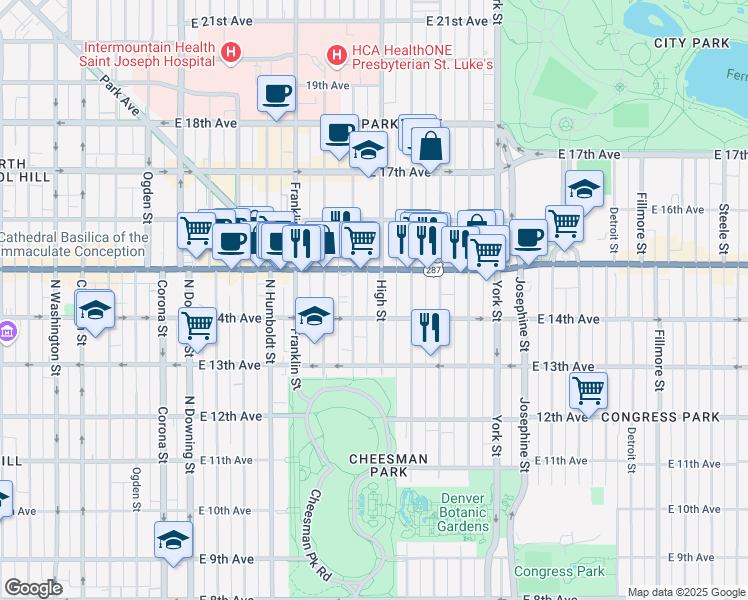 map of restaurants, bars, coffee shops, grocery stores, and more near in Denver