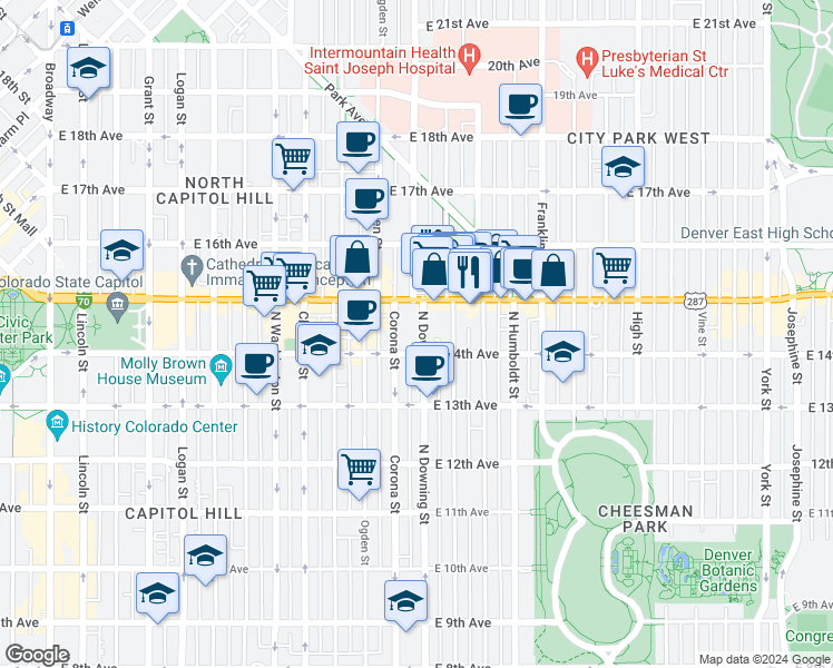 map of restaurants, bars, coffee shops, grocery stores, and more near 1125 East Colfax Avenue in Denver