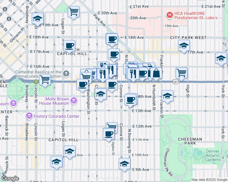map of restaurants, bars, coffee shops, grocery stores, and more near 1457 Corona Street in Denver