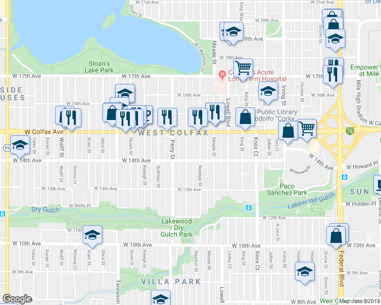 map of restaurants, bars, coffee shops, grocery stores, and more near 1459 Newton Street in Denver