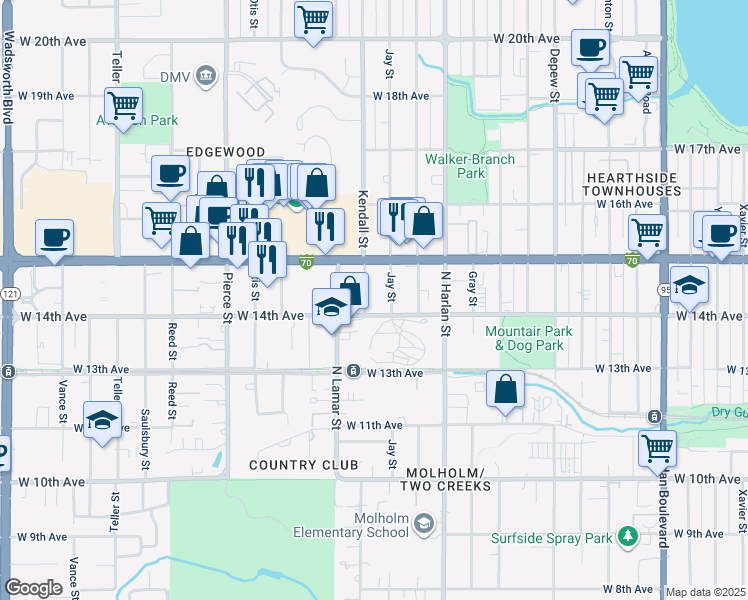 map of restaurants, bars, coffee shops, grocery stores, and more near 1450 Kendall Street in Denver