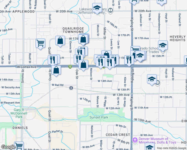 map of restaurants, bars, coffee shops, grocery stores, and more near 10500 West Colfax Avenue in Lakewood