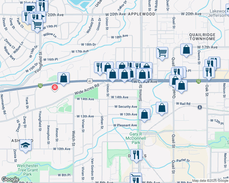map of restaurants, bars, coffee shops, grocery stores, and more near 11915 West Independence Avenue in Golden
