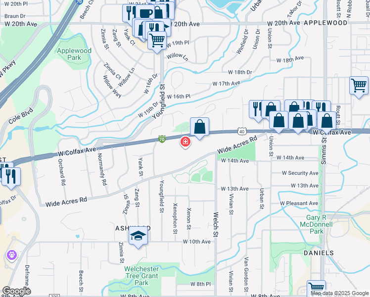 map of restaurants, bars, coffee shops, grocery stores, and more near 12600 West Colfax Avenue in Lakewood