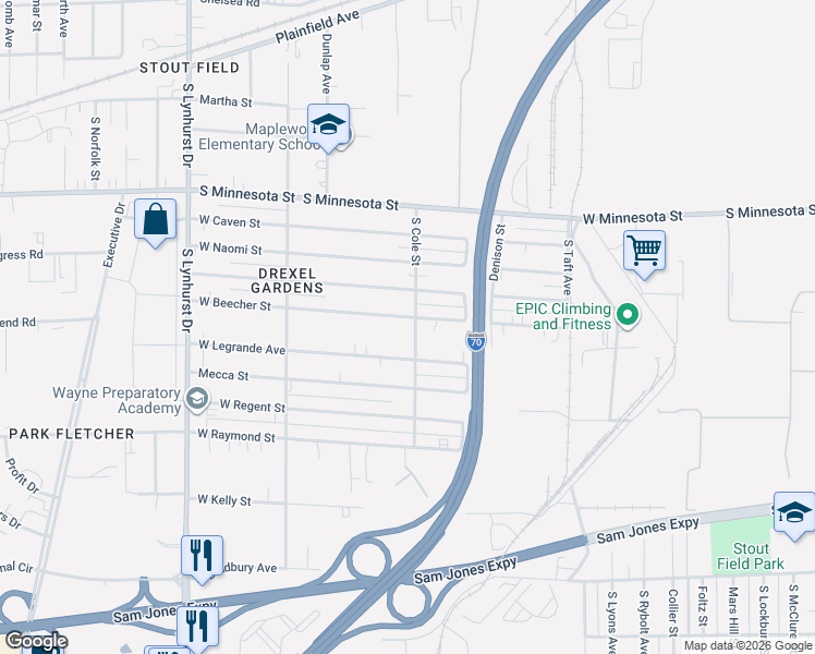 map of restaurants, bars, coffee shops, grocery stores, and more near 4822 West Beecher Street in Indianapolis