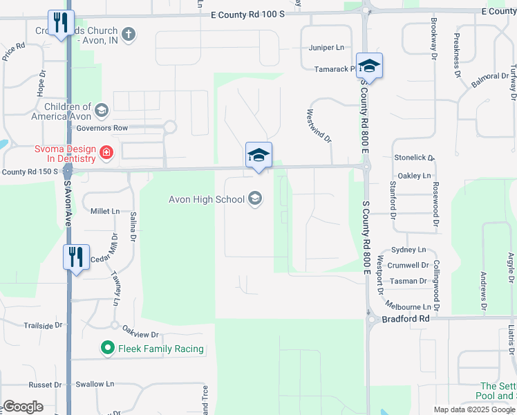 map of restaurants, bars, coffee shops, grocery stores, and more near 7575 East County Road 150 South in Avon