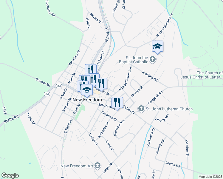 map of restaurants, bars, coffee shops, grocery stores, and more near 105 Waneta Street in New Freedom