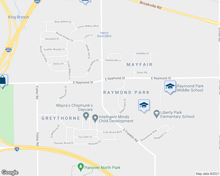 map of restaurants, bars, coffee shops, grocery stores, and more near 2264 Raymond Park Drive in Indianapolis