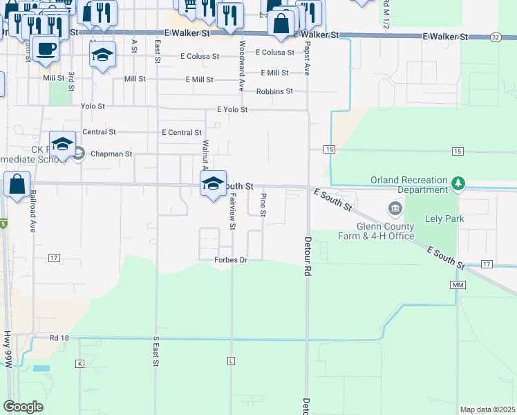 map of restaurants, bars, coffee shops, grocery stores, and more near 1314 Pine Street in Orland