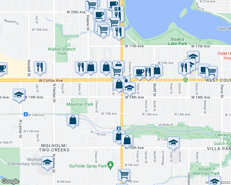 map of restaurants, bars, coffee shops, grocery stores, and more near 1424 Ames Street in Lakewood