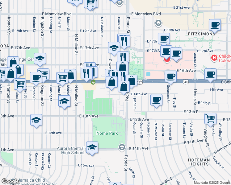 map of restaurants, bars, coffee shops, grocery stores, and more near 11940 East Colfax Avenue in Aurora
