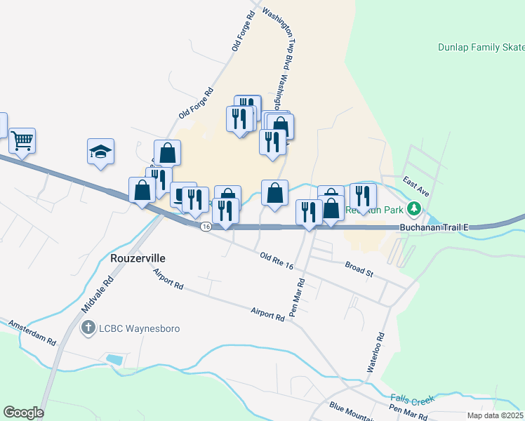 map of restaurants, bars, coffee shops, grocery stores, and more near 12955 Washington Township Boulevard in Waynesboro