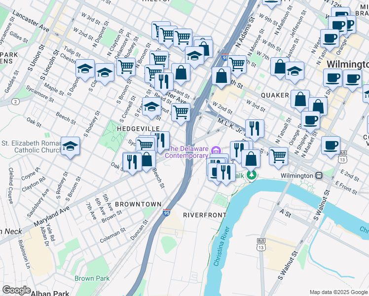 map of restaurants, bars, coffee shops, grocery stores, and more near 911 Linden Street in Wilmington