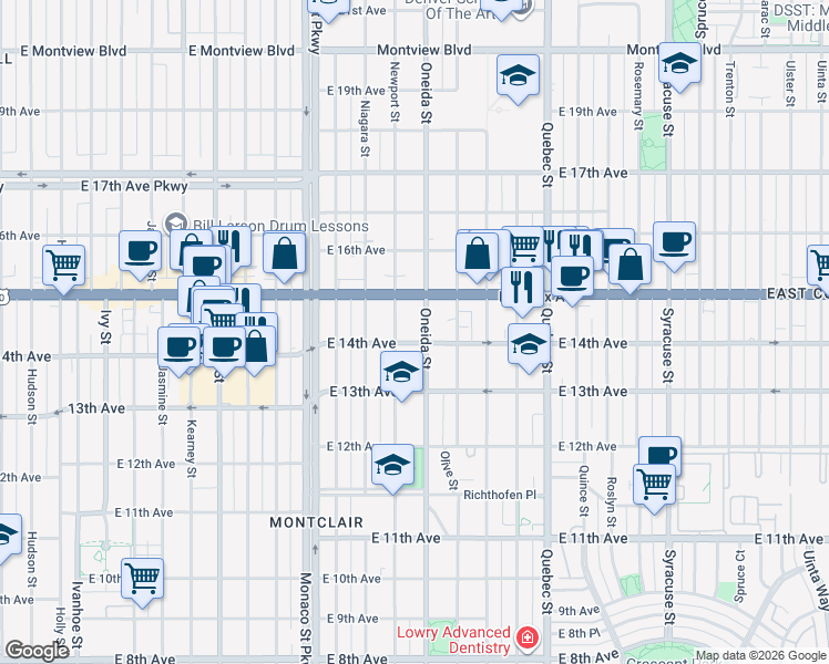 map of restaurants, bars, coffee shops, grocery stores, and more near in Denver