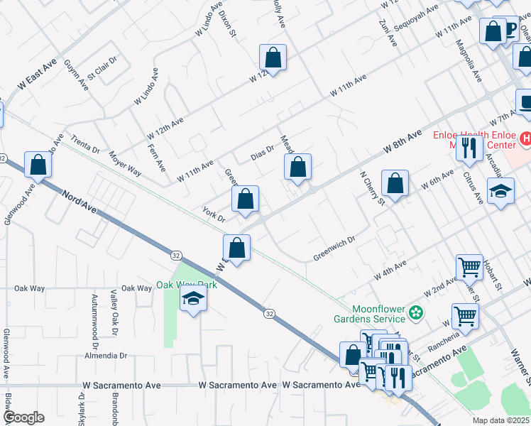 map of restaurants, bars, coffee shops, grocery stores, and more near 1110 West 8th Avenue in Chico