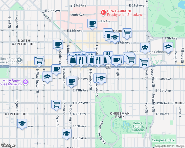 map of restaurants, bars, coffee shops, grocery stores, and more near 1430 Humboldt Street in Denver