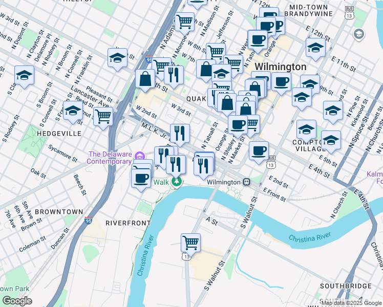 map of restaurants, bars, coffee shops, grocery stores, and more near 400 Martin Luther King Jr. Boulevard in Wilmington