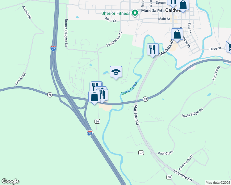 map of restaurants, bars, coffee shops, grocery stores, and more near 44266 Fairground Road in Caldwell