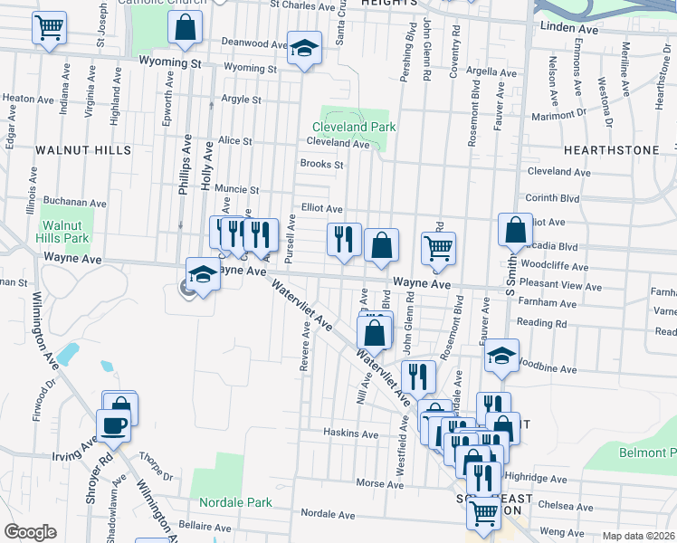 map of restaurants, bars, coffee shops, grocery stores, and more near in Dayton