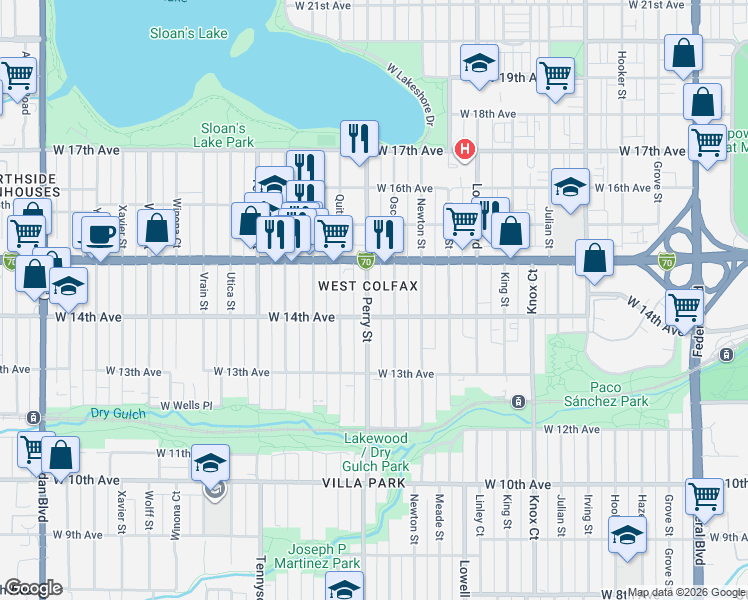 map of restaurants, bars, coffee shops, grocery stores, and more near 1424 Perry Street in Denver